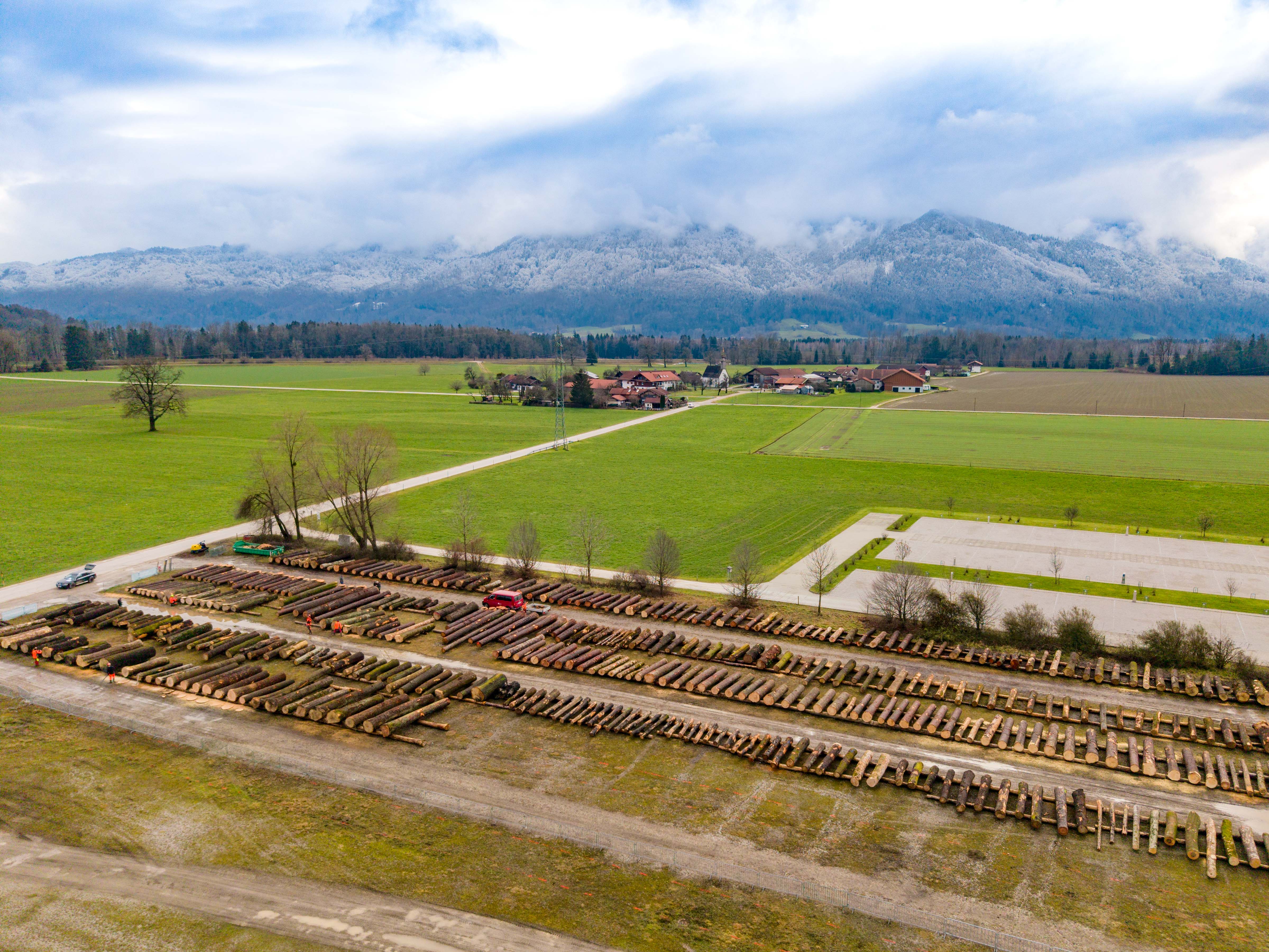 Wertvolle Holzstämme auf dem Submissionsplatz vor einem schönen Alpenpanorama